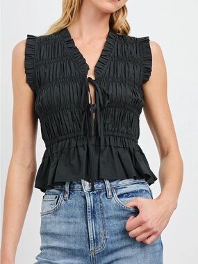 Rails Black Martine Smocked Ruffle V-Neck Tie Front Peplum Top XL
